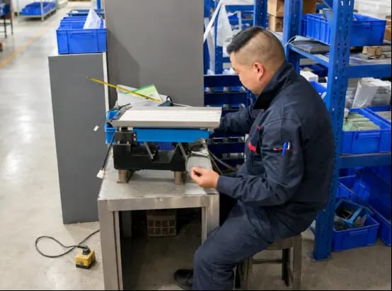 Technician adjusting a vibratory feeding unit at a workbench